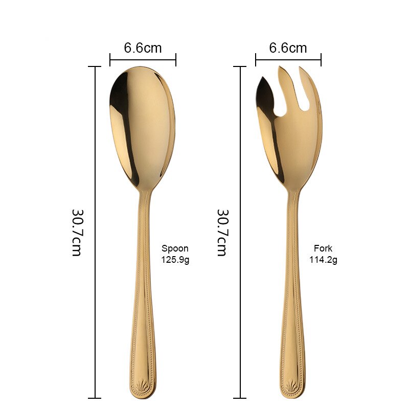 Big Salad Spoon Fork Set Stainless Steel Kitchen Food Server Pasta Utensils Public Gold Tableware Using Buffet Restaurant Tools: gold