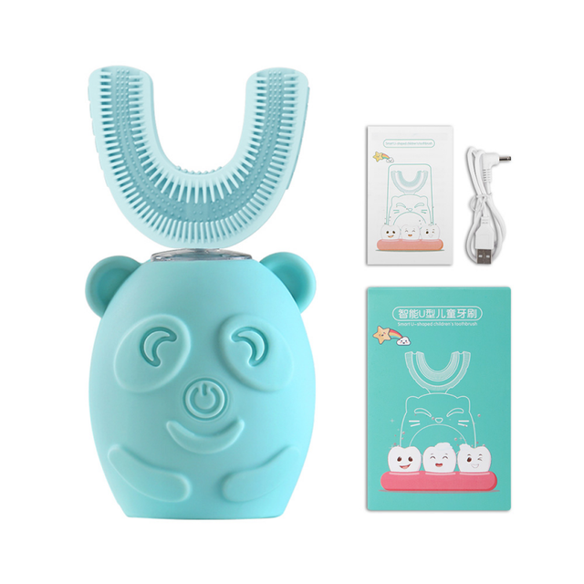 Brosse à dents électrique ultrasonique automatique en silicone, 360, pour enfants, brosse à dents en forme de U, intelligente, mignonne, dessin animé: A-blue 7-15Y