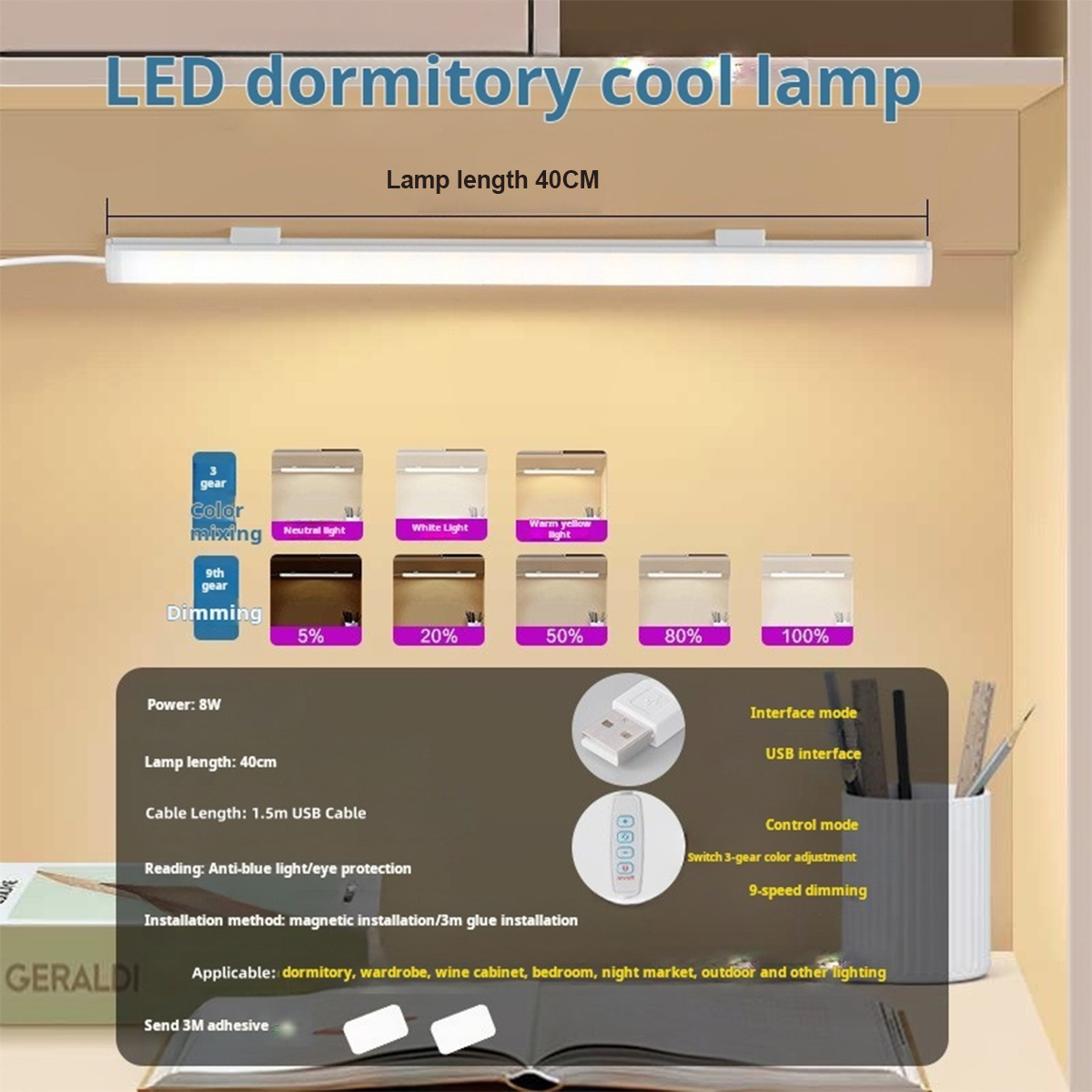 Usb-kontakt led-belysning under skåp, dimbar led-nattlampa med 3 färger, köks- och sovrumsbelysning med magnetremsa: Orange