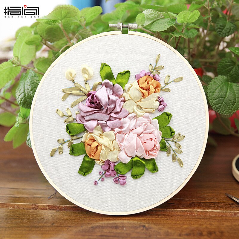 1 Pack Embroidery Flower Kit with Pattern+Instructions, Needlework DIY Beginner Stitch Kit Include 1 Embroidery Tools Hoop: F