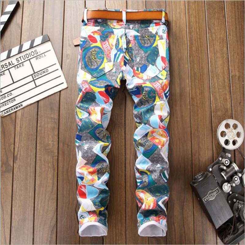 Nagri Mannen Gekleurde Patroon 3D Gedrukt Jeans Mode Slanke Skinny Geometrische Geschilderd Denim Broek 29 30 31 32 33 34 36 38
