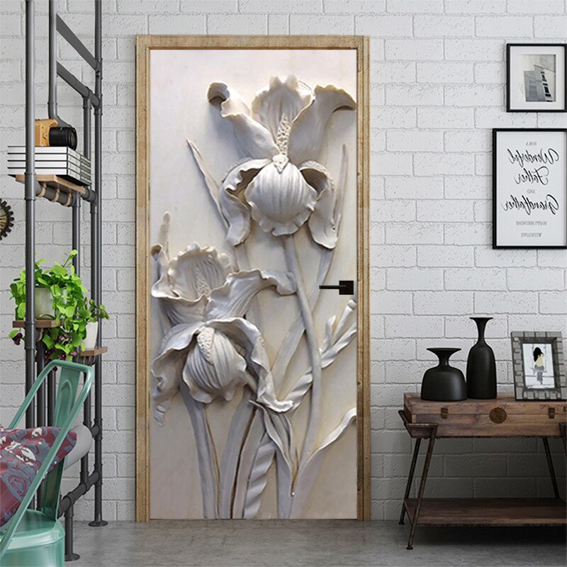 3D Gypsum Embossed Flowers PVC Door Sticker Self Adhesive Wallpaper On the Doors DIY Renovation Waterproof Poster For Bedroom: 77x200cm