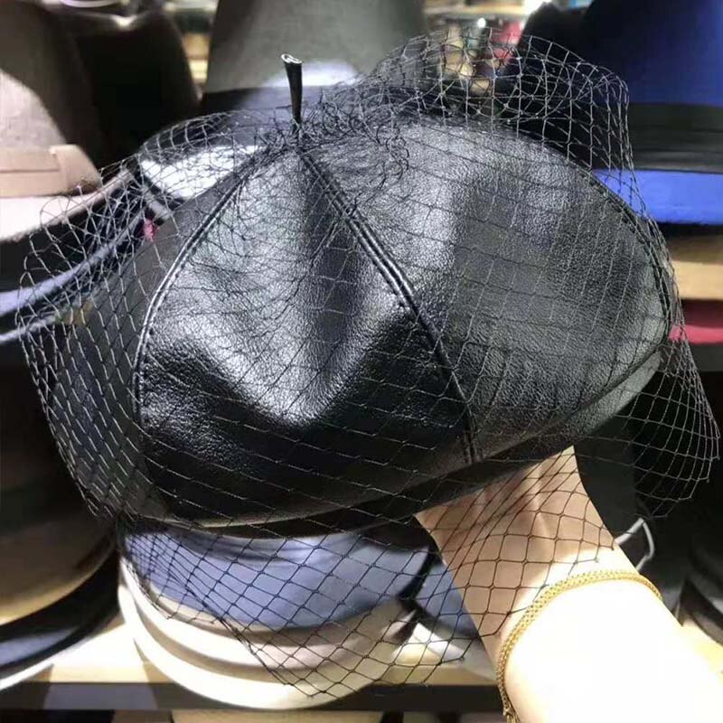 Fascinante boina de cuero, boina francesa con velo, malla, doble capa, boina para mujer