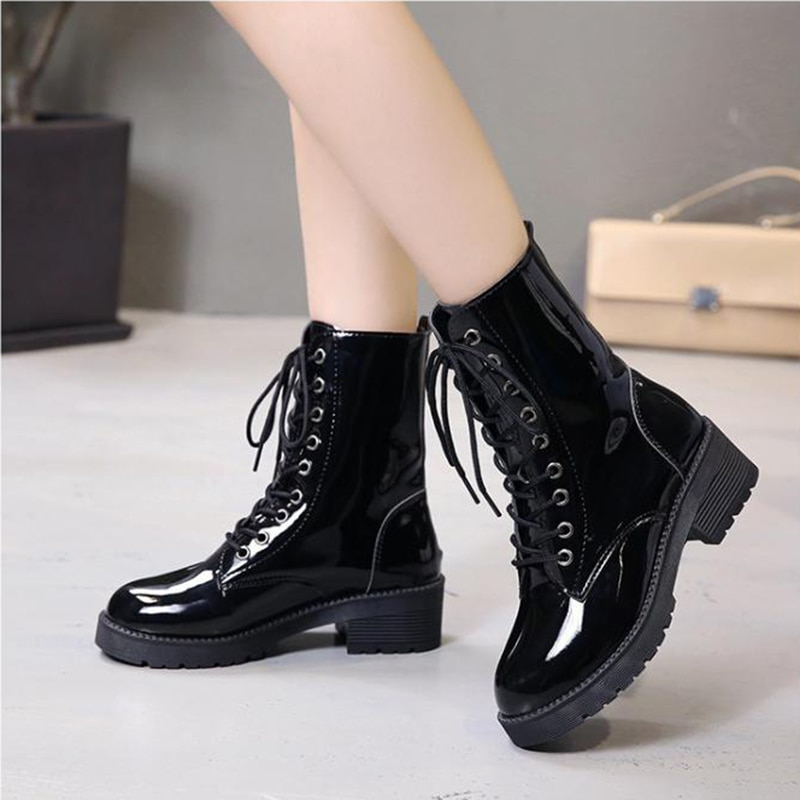 Mi-mollet en cuir japonais botines femme plate-forme moto bottes croisées automne hiver bottes courtes gros creepers
