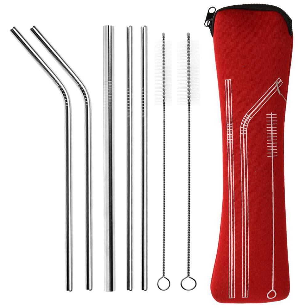 Reusable 304 Stainless Steel Sturdy Bent Straight Metal Drinking Straws with Cleaning Brush Portable Bar Party Accessory Healthy: Red