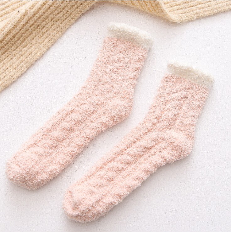 Coral Fleece Women Socks Bow rabbit Bear Candy Winter Thickening Cute Mid-tube Sock Ladies Home Bed Floor Slipper Sox: fen