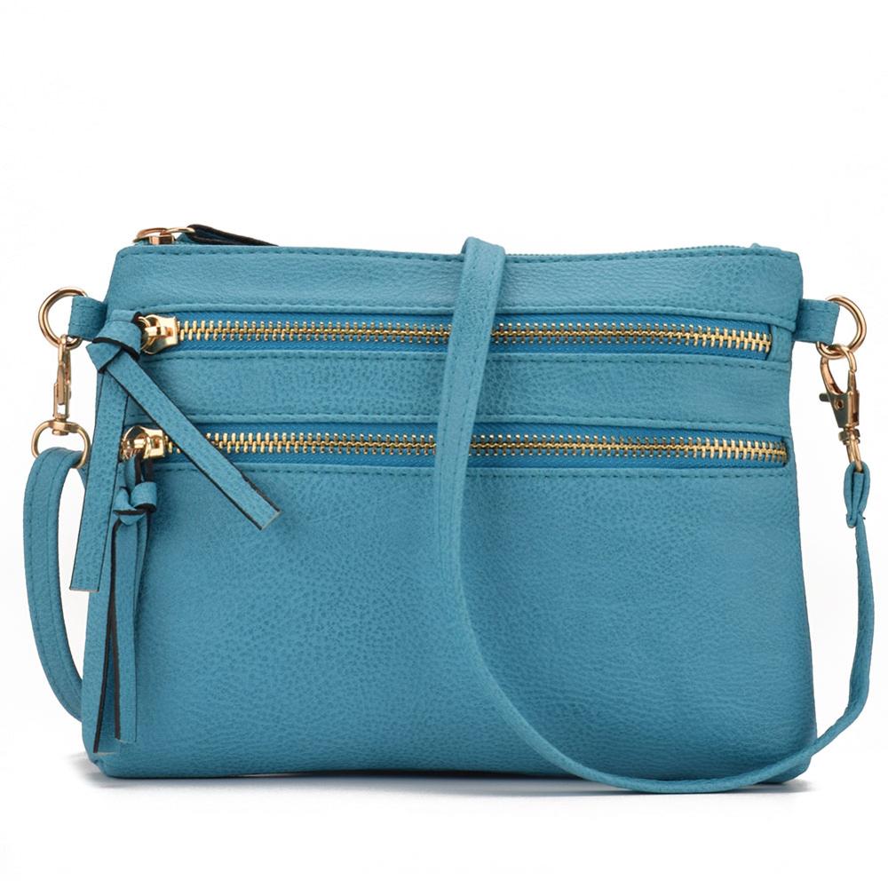 JIARUO Multi Zipper Pocket Women Small Mini Shoulder Crossbody Bag Ladies Satchel Handbag Cellphone Pouch: Lake Blue