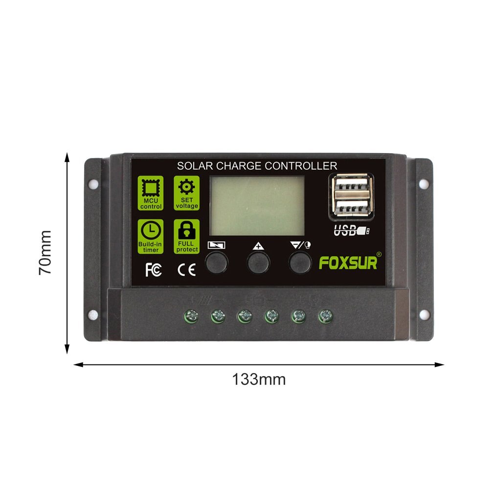 FOXSUR 20A Auto Solar Charge Controller PWM Controllers LCD Dual USB 5V Output Solar Panel PV Regulator