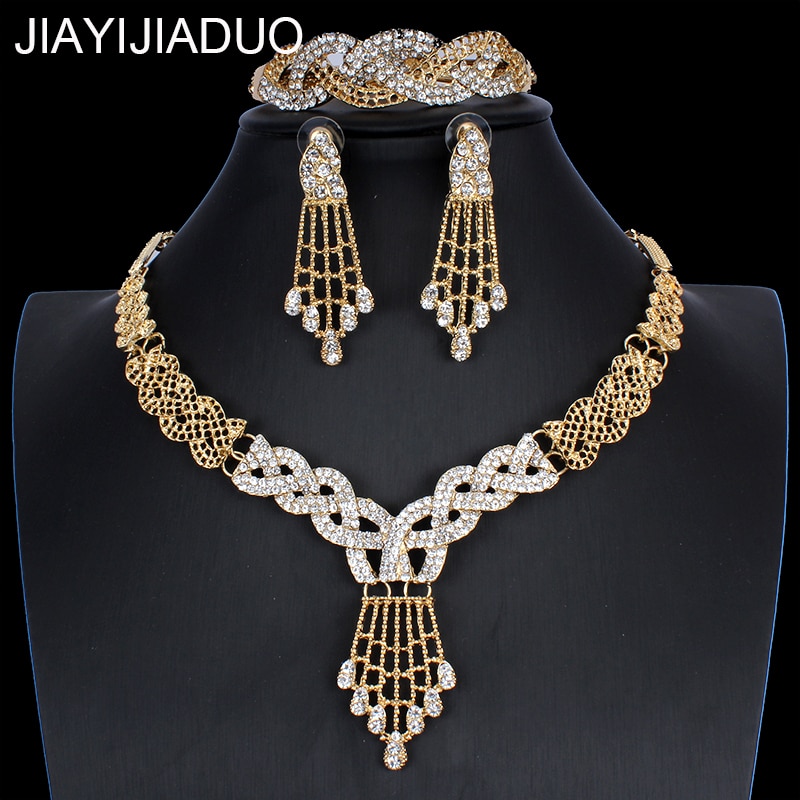 JIAYIJIADUO Dubai Sieraden Set voor Vrouwen Trouwjurk Accessoires Ketting Oorbellen Armband Ring Set 5PS