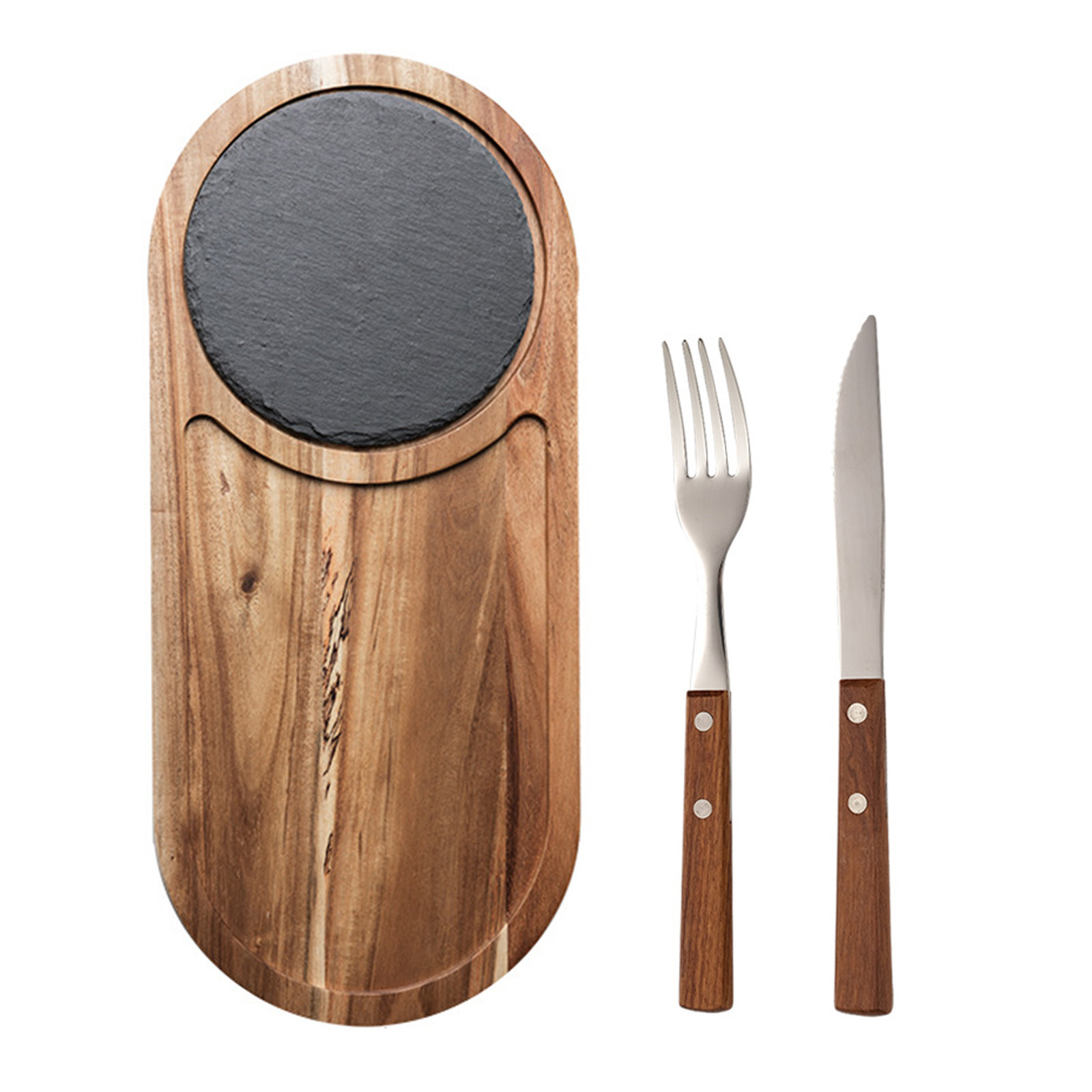 Steak Wood Serving Board with Slate Stone, Acacia Cutting Plate with Handle for BBQ and Grill,Serving Tray with groove: D