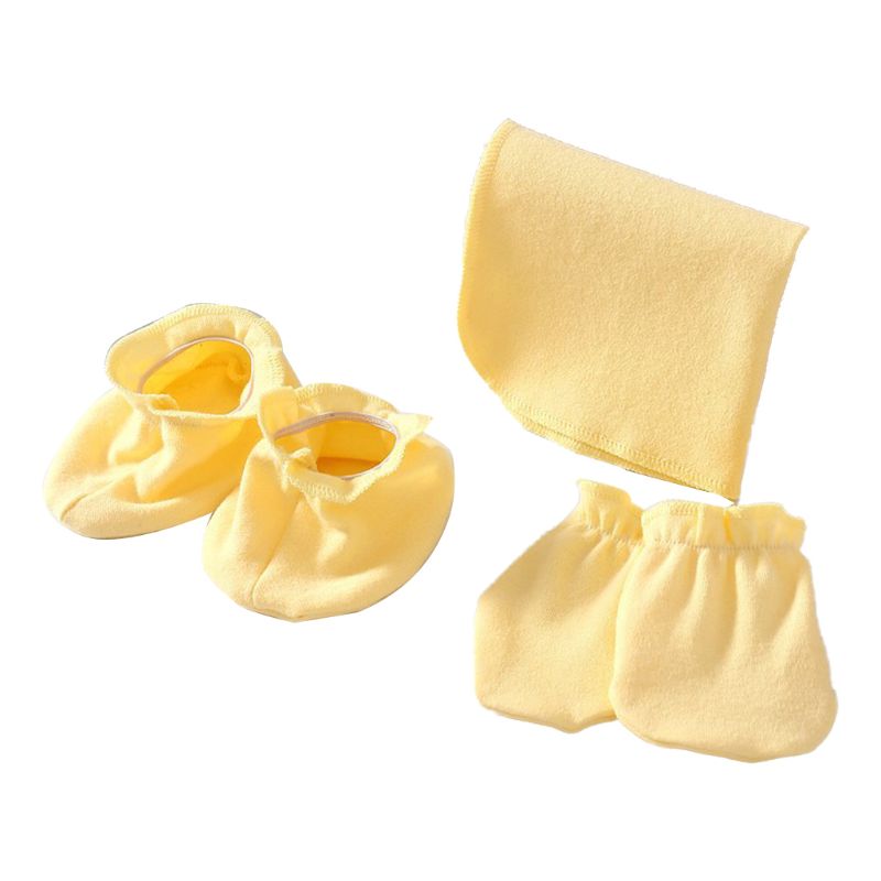 Guantes de toalla suave de algodón para Saliva para recién nacidos, juego de fundas para los pies, mitones antiarañazos, calcetines con babero de tela para comer y eructar: Amarillo