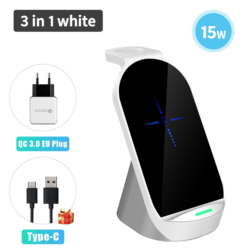3 in 1 15w Qi Quick Wireless Charger Stand Dock For Apple Watch AirPods iPhone Samsung Xiaomi Phone Fast Induction Charging: 3 in 1 White EU