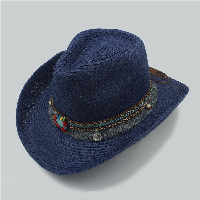 Handarbeit Sommer frauen männer Hohl Western Cowboy Hut Für Gentleman West Wort Cowgirl Jazz Kappe Sommer Stroh Strand Sonnenhut: Dark Blue