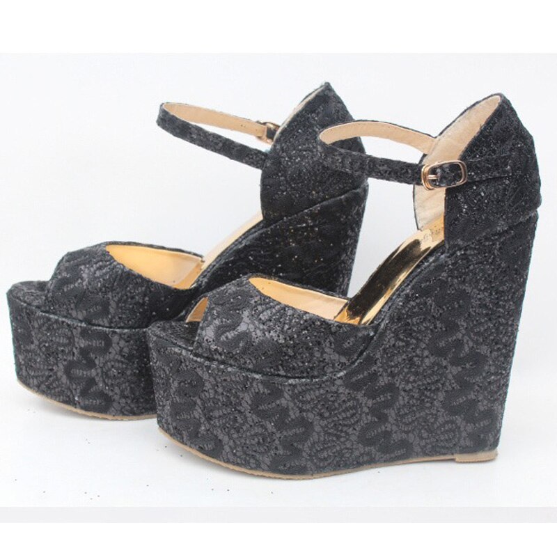 Zomerse kant bruiloft feest schoenen dames sandalen 15 cm hoge hakken sandalen dames open teen platform wedge pumps dames wsh 2597: Zwart / 4.5