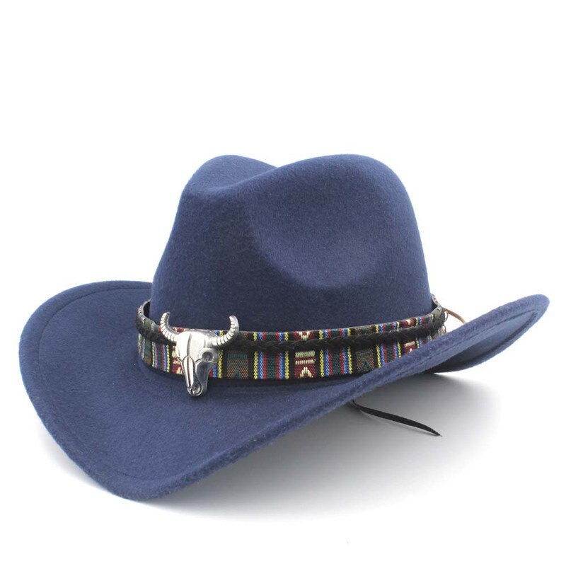 Vrouwen Wol Hollow Western Cowboy Hoed Roll-Up Wide Brim Lady Cowgirl Jazz Paardensport Sombrero Cap Met Kwastje Tauren lint: Dark Blue