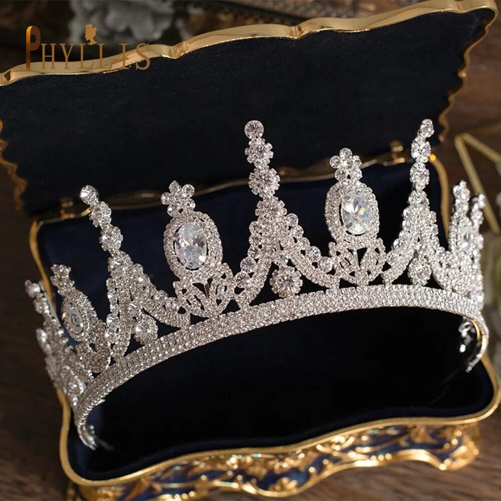 A213 Zirkoon Bruiloft Ronde Crown Luxe Diadeem Hoofdband Rhinestone Hoofddeksel Bridal Hoofddeksels Koning Tiara Prinses Haar Jewerly: Goud-kleur