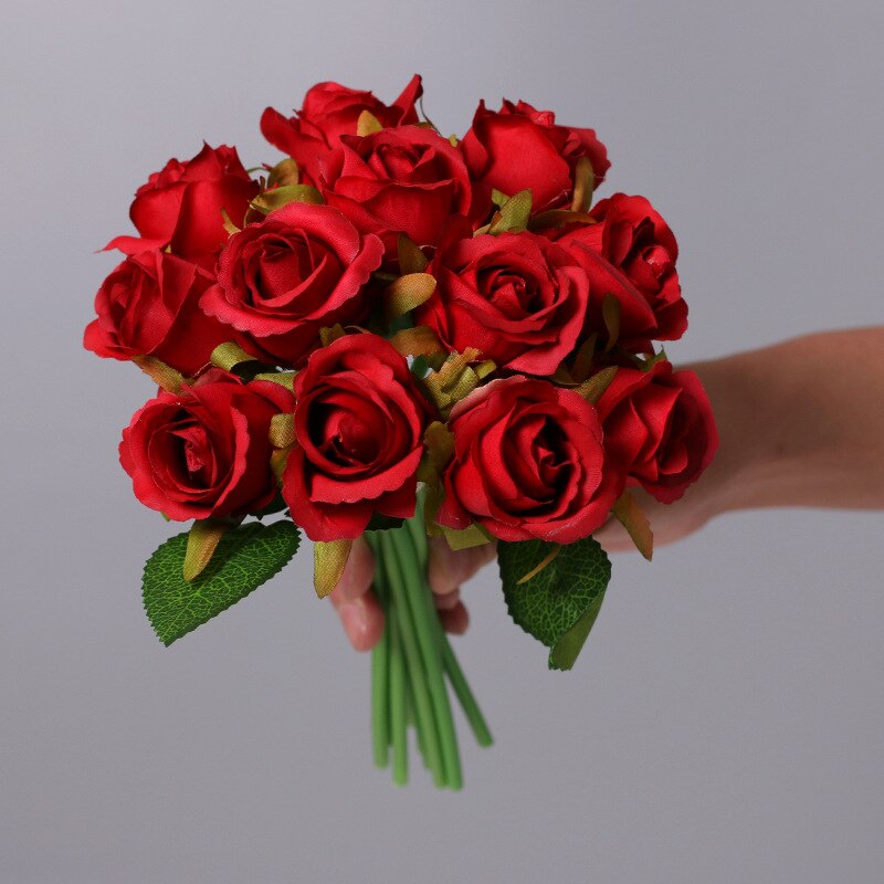 12Pcs Artificial Flowers Rose, Silk Roses Bridal Wedding 1 Bouquet Decoration Home Office Party Decor Arrangements: Red