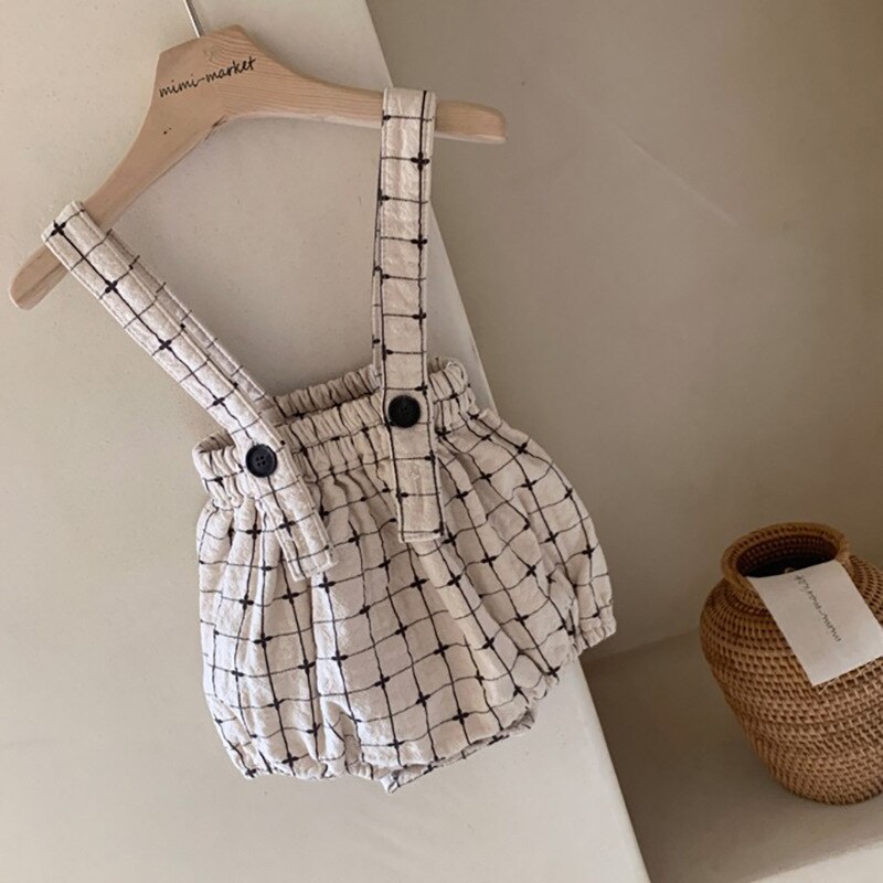 2 Kleuren Baby Katoen Jarretel Rompertjes 1-3Y Pasgeboren Peuter Jongens Meisjes Overalls Shorts Sling Plaid Bodysuit Jumpsuit Broek: Beige / 2T