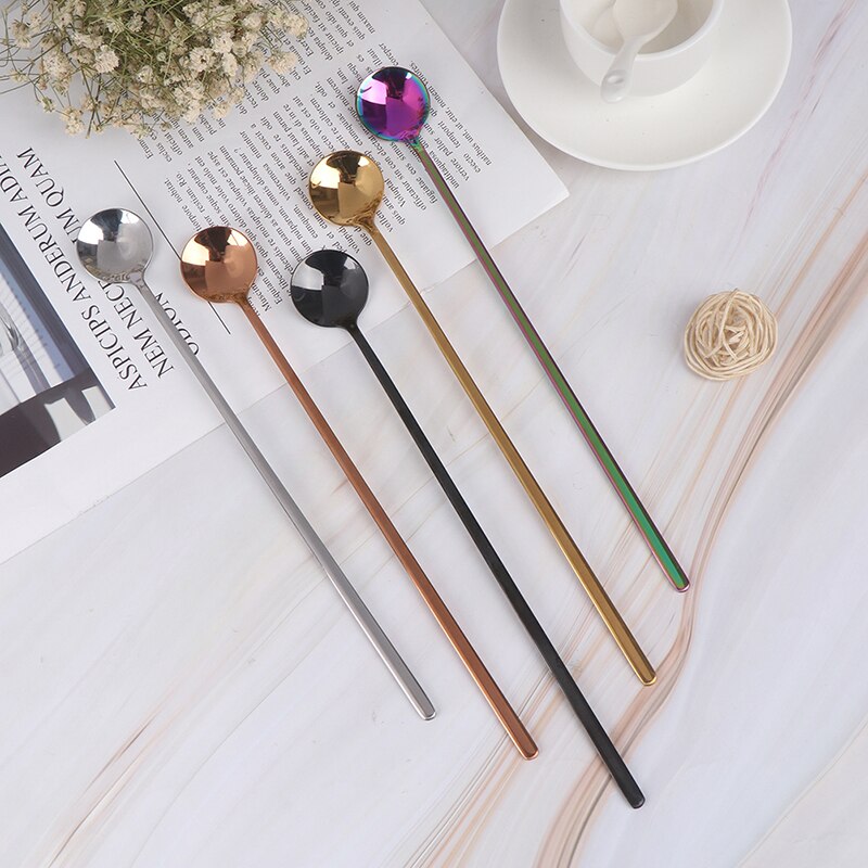 1Pc 24cm Long Handled Stainless Steel Ice Cream Dessert Tea Spoon Colorful Coffee Spoon Dinnerware Flatware Kitchen Tools