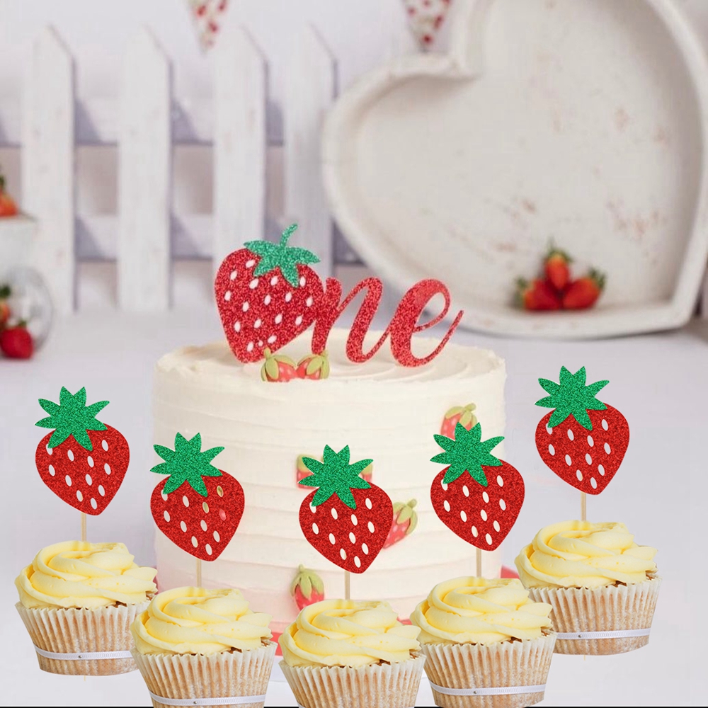 1set Bling Strawberry Cupcake Toppers Sweet One Topper for Summer Strawberry Fruits Themed Happy Birthday Party Cake Decoration