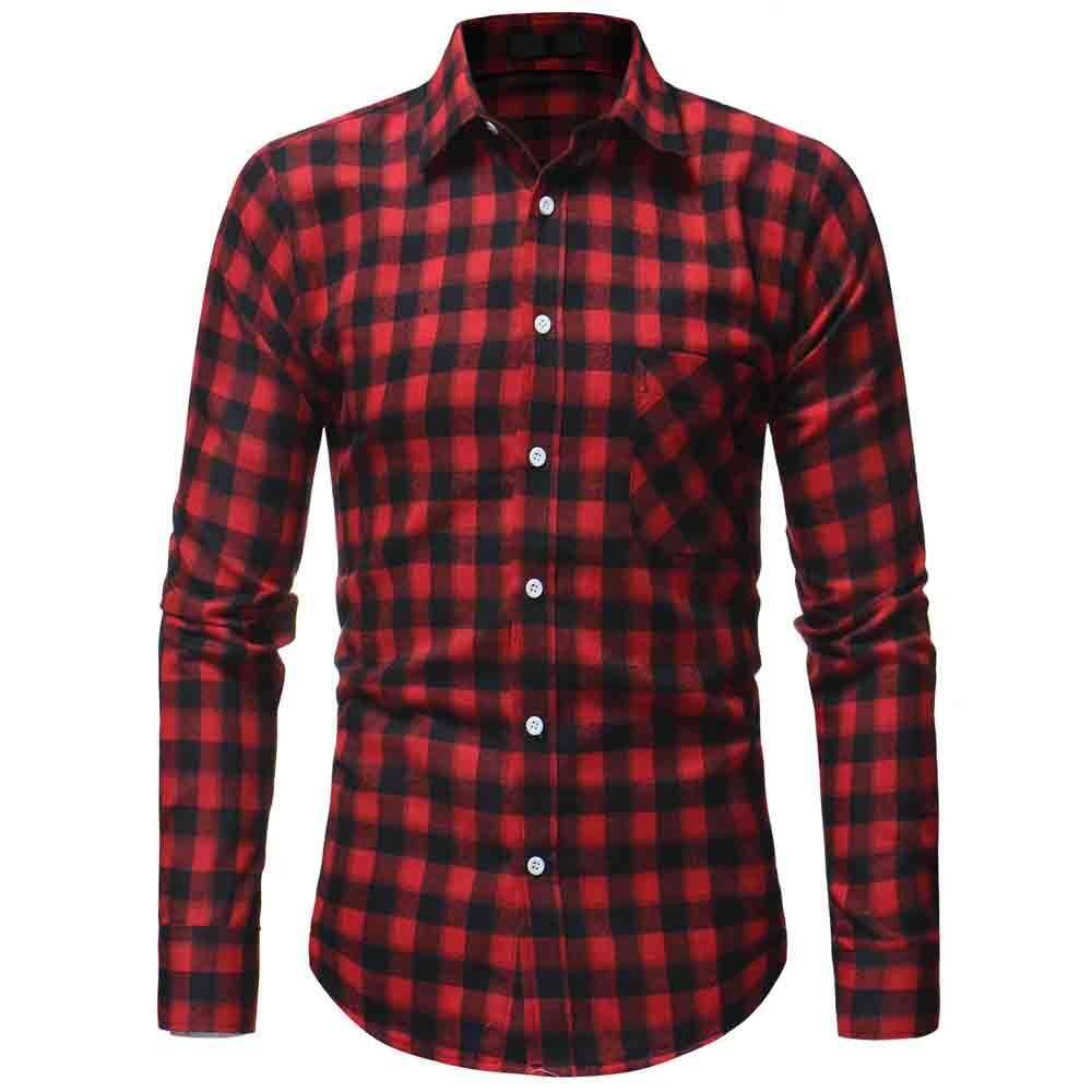 Plaid Shirt Autumn Winter Red Checkered Shirt Men Shirts Long Sleeve Chemise Homme Cotton Male Check Shirts: Red / XXL
