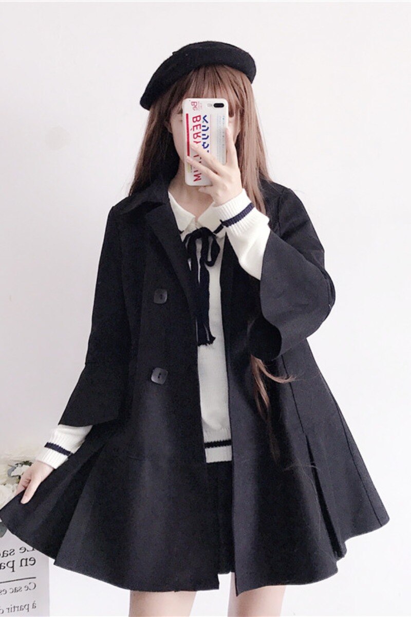 Japanese Style Mid-Length Woolen Coat for Women Autumn and Winter Student Cute Waist-Tight Woolen Coat