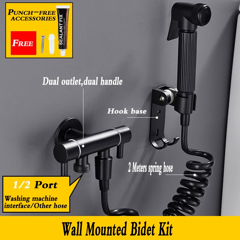 Zwart Messing Badkamer Bidet Kraan Hoge Druk Bidet Spuit Wc Kraan Dual Outlet Dual Handvat Wc Wasmachine Met Haak Tap
