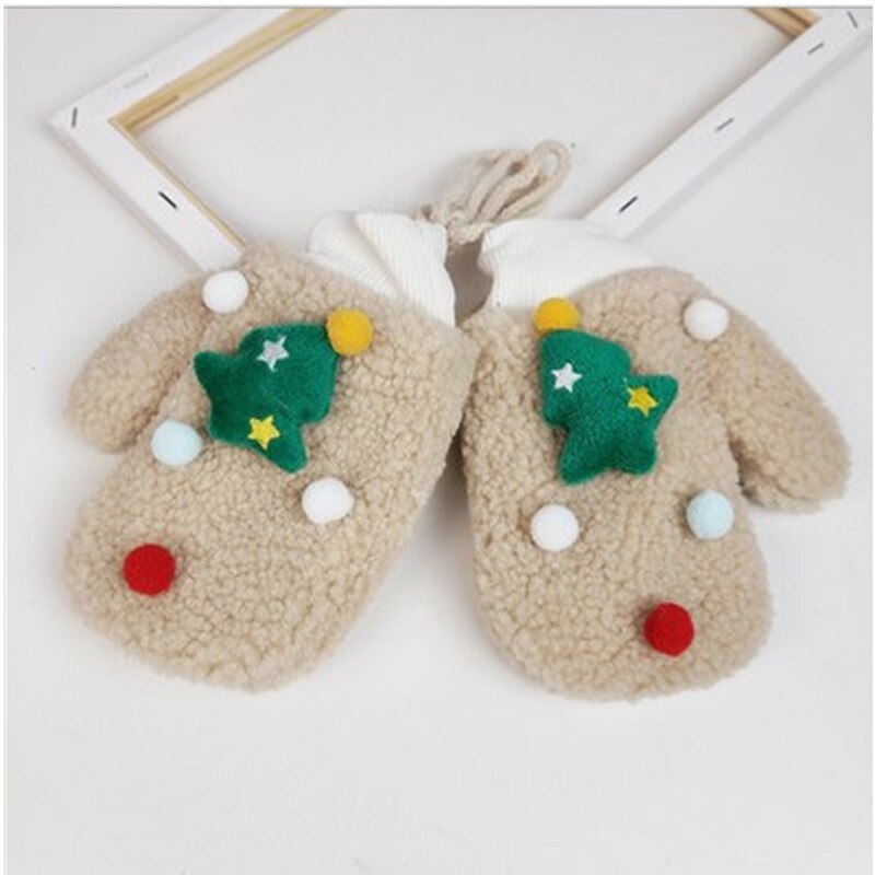 Toddler barn vantar med snöre söt tecknad vinter varm fleece snö skidvantar till jul 2-6t barn handskar: Beige