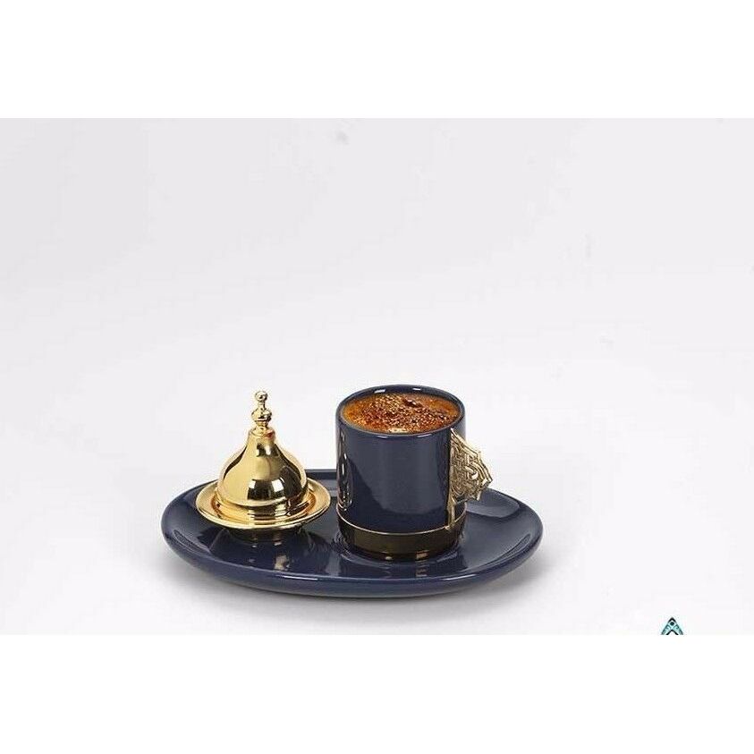 DEMMEX Turkse Griekse Arabische koffieserveerset - 11-delige handgemaakte koffieset met kopjes, schotels, deksels, suikerpot en decoratief dienblad (goud