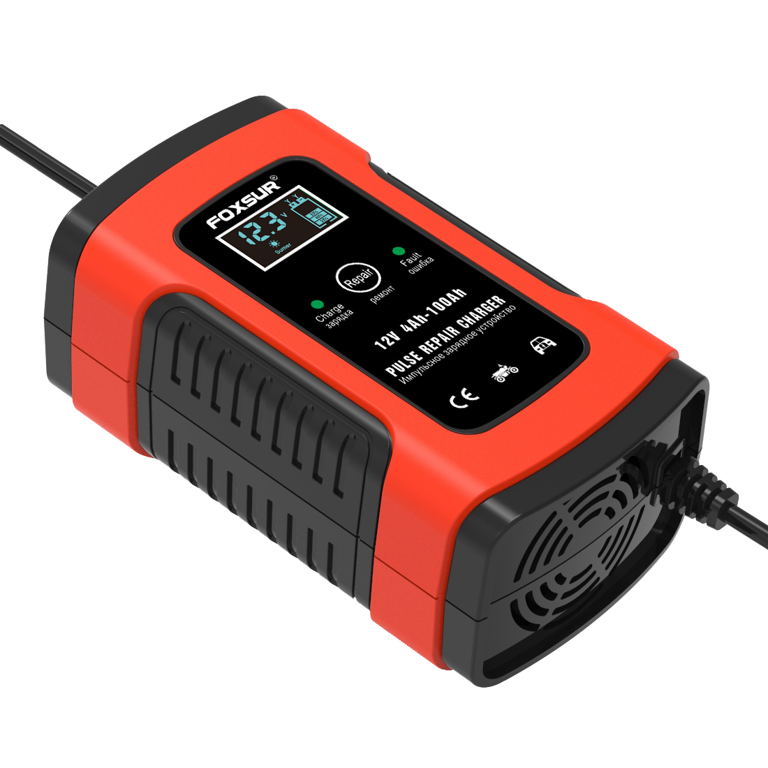 Foxsur 12V 5A Car Battery Charger LCD Display Full Automatic Intelligent Battery Chargers Multiple Protection Pulse Repair