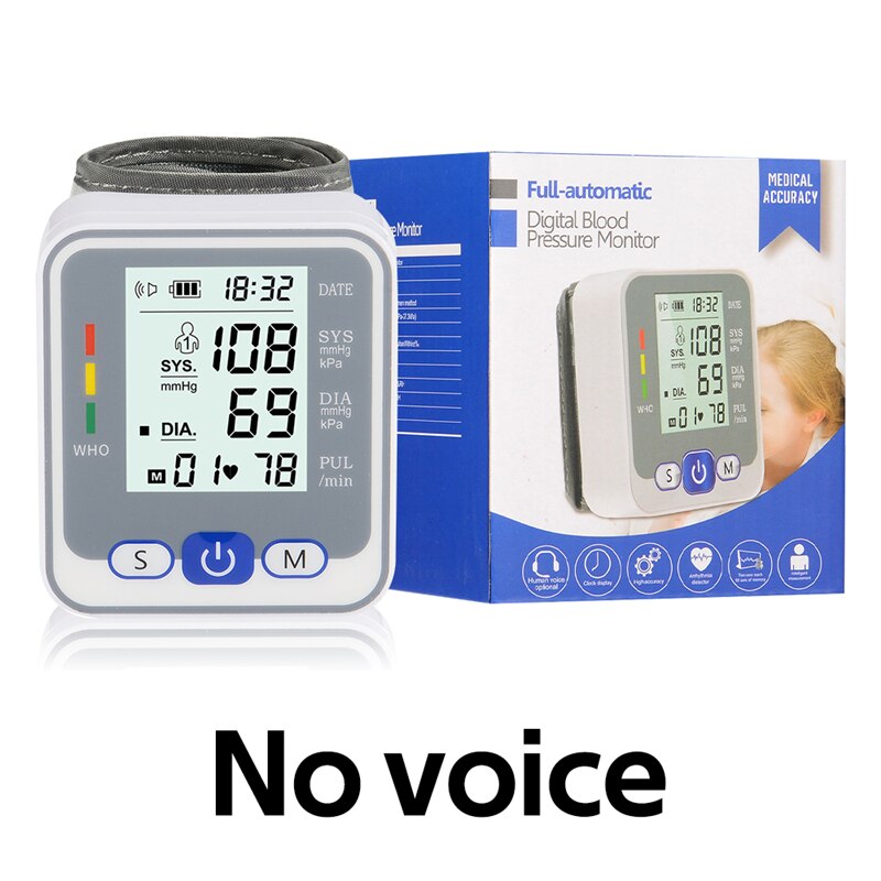 Monitor inteligente de presión arterial, esfigmomanómetro de muñeca, Monitor de presión arterial, pulsómetro, tonómetro portátil tensiometros digitales de brazo medidor de presión arterial baumanometro digital esfigmom: BHA002047-NoVoice