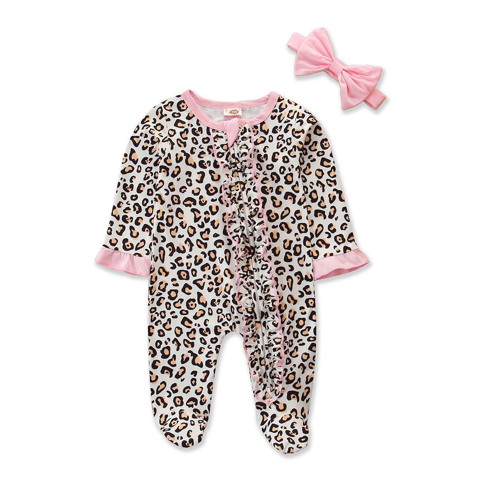 Baby Luipaard Print Voeten Jumpsuit En Hoofddeksels Twee Stuk Pak Voor Jongens Meisjes: 6-12M