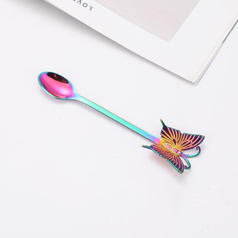 Cuillère à café en acier inoxydable 304, cuillère à café pour Dessert au sucre plaqué or, fourchette à fruits, polissage miroir poignée papillon, vaisselle 1 pièce: Colorful Spoon