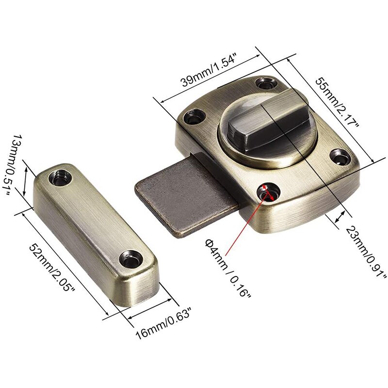 Swivel Bolt Latch, 1.5-Inch Zinc Alloy Security Door Sliding Lock, 2 Bronze Parts