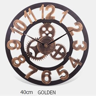 Getriebe retro Wanduhr Große 3D Römische Ziffer Geräuschlos nordisch Riesen Holz Jahrgang Uhren Horloge Wohnzimmer Bar Wohnkultur kunst: Digital Gold / 40cm