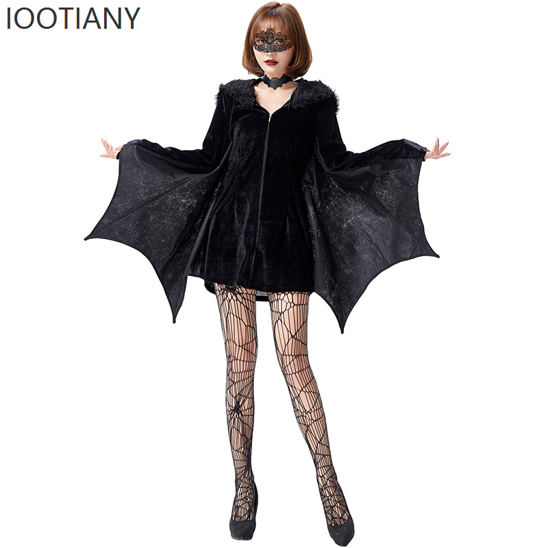 Costume da diavolo di Halloween Gonna da pipistrello malvagio Carnevale gotico Pipistrello da clown da donna Body con cappuccio Set di tute con ali nere per adulti gotiche