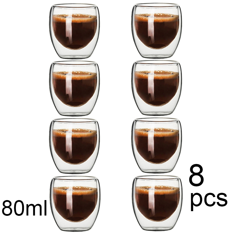 80ML Double Wall Glass Cup Transparent Handmade Heat Resistant Tea Drink Cups MINI Whisky Cup 100 centigrade Espresso Coffee Cup: 80ml x 8