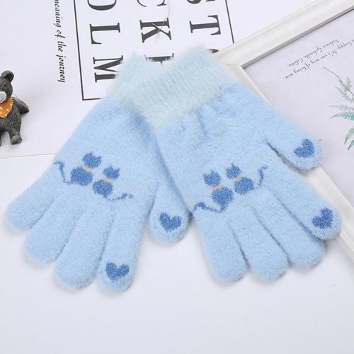 Teenagers Kids Winter Warm Leuke Kat Patroon Volledige Vinger Jacquard Gebreide Handschoenen: Blauw