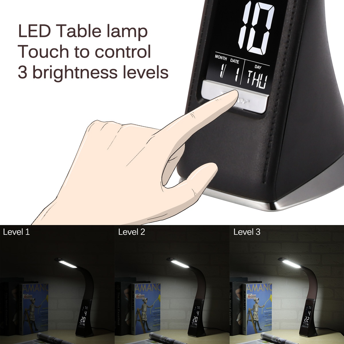 Flexible LED Desk Lamp Rechargeable Eye Protection Touch Dimmable Reading Lamp With Calendar Temperature Alarm Clock for Office