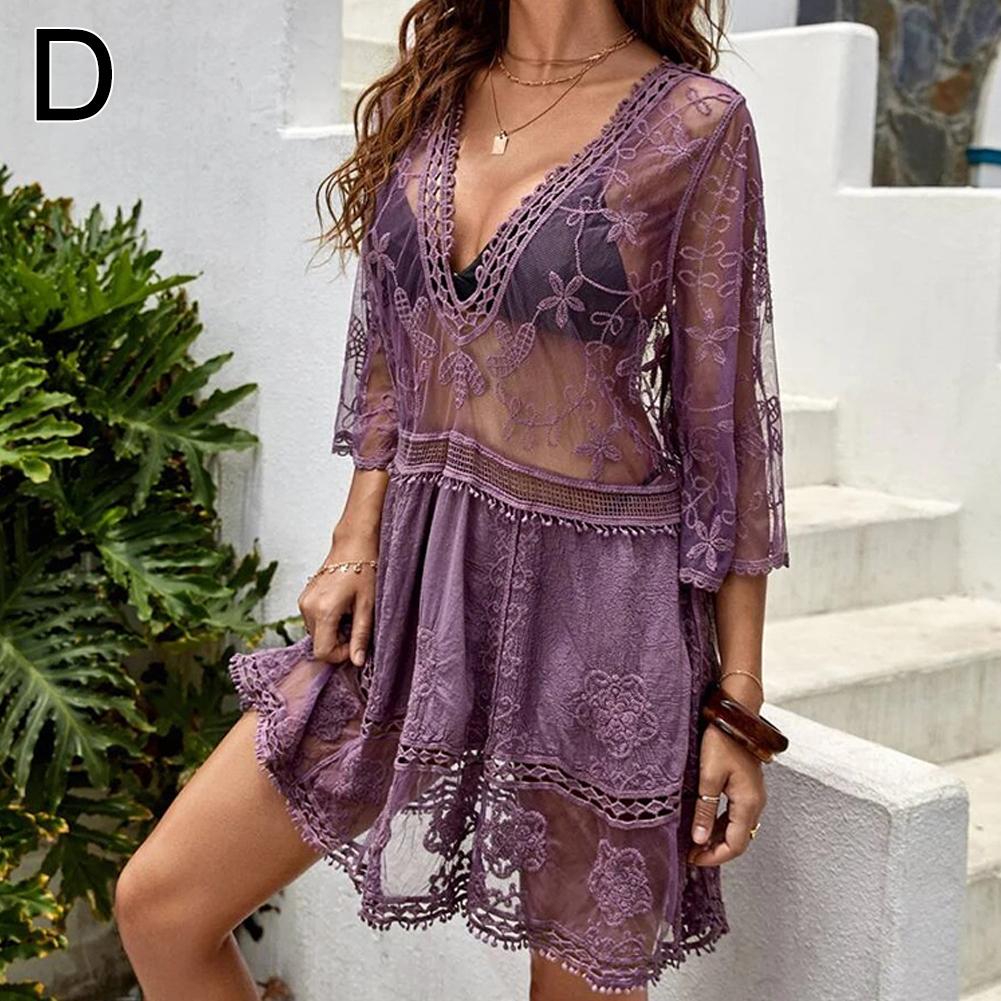 Sexy Women's Mesh Bikini Cover-up Deep V-neck Swimsuit Set Summer Beach Short Sleeve Dress Lace Hollow Out Clothes: MULTI