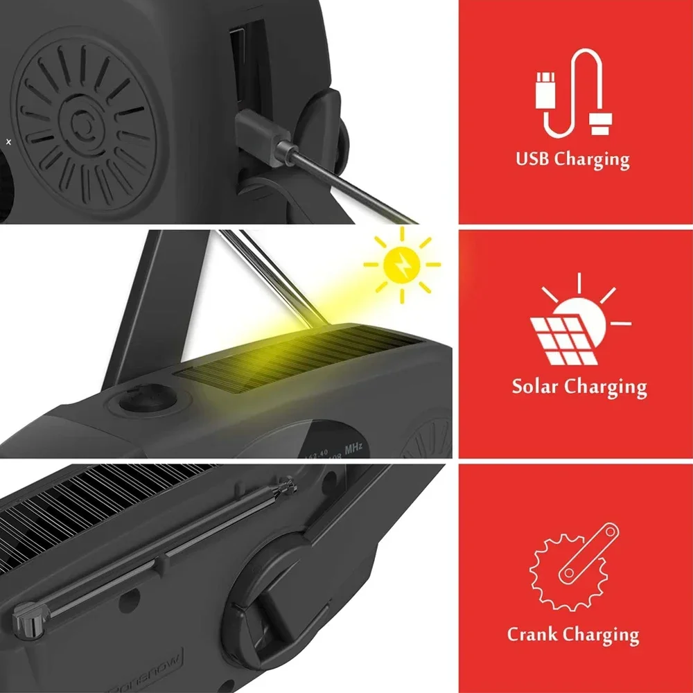 Radio di emergenza a manovella solare USB (FM/ AM/ NOAA) WB Weather Radio con torcia elettrica Power Bank Radio nere Portatil Am Fm