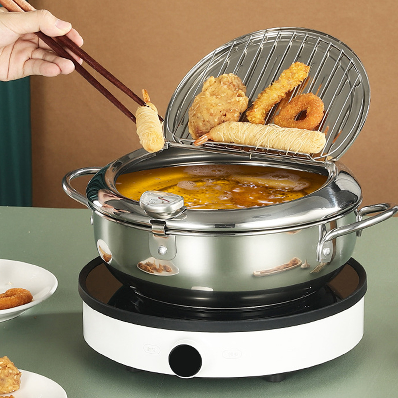 Japanse Frituurpot 201 Roestvrijstalen Keuken Tempura Friteuse Pan Temperatuurregeling Gebakken Pot Keukenaccessoires 20/24Cm
