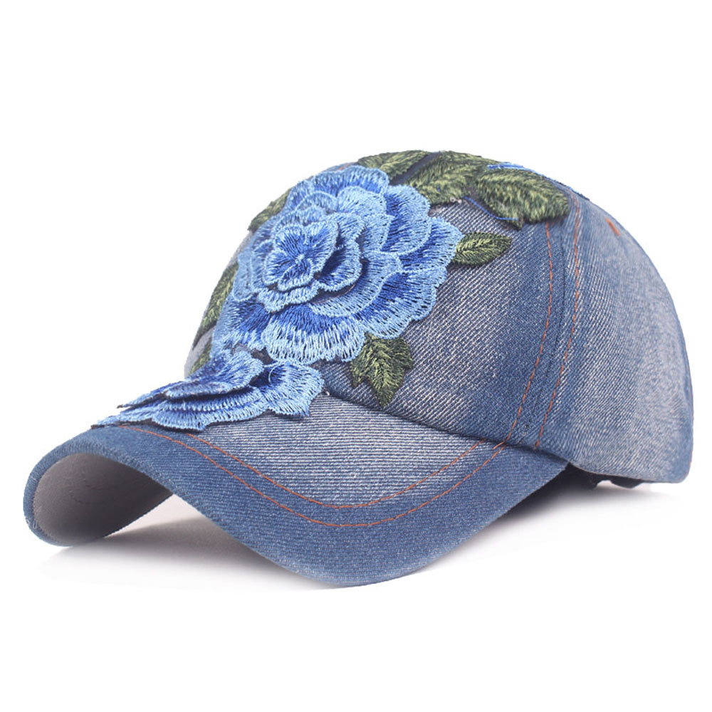 Feminino floral denim clássico boné chapéu de beisebol casual ajustável cowboy chapéus hatcs0407: Blue