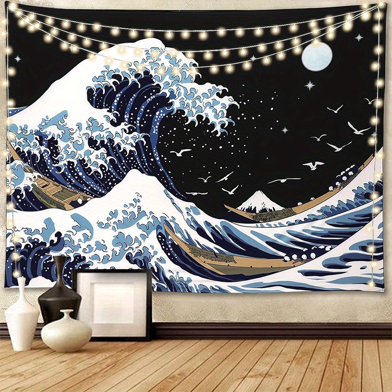 Tapiz de onda nocturna, tela de fondo, tela colgante para dormitorio, mesita de noche, tela decorativa para pared, tapiz para dormitorio de alquiler