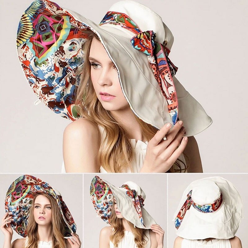 Kvinner blomst folding brimmed hatt sol uv beskyttelse utendørs sommer strand buehatt sek 88