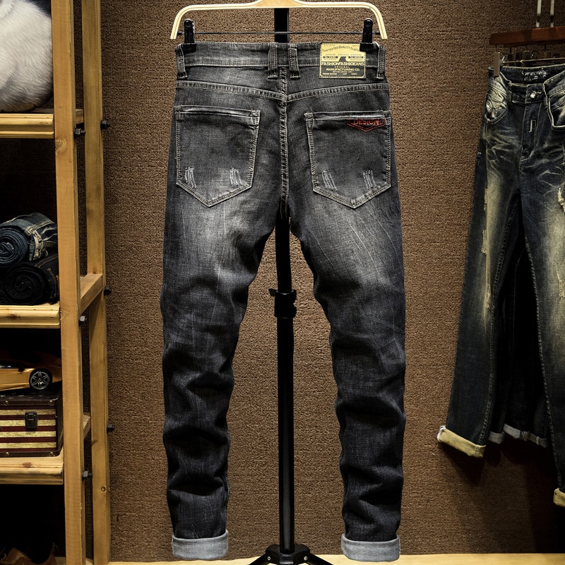 Kstun ripped jeans til mænd slim fit stretch high street style mandlige denimbukser flosset ødelagt vintage herre punk jeans