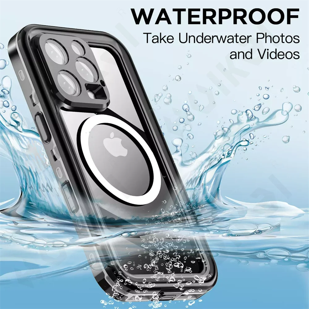 Funda de teléfono magnética a prueba de agua IP68, adecuada para IPhone 16, 15, 14 Pro Max, Pro, 13Pro Max, protección de cuerpo completo, funda de teléfono a prueba de polvo