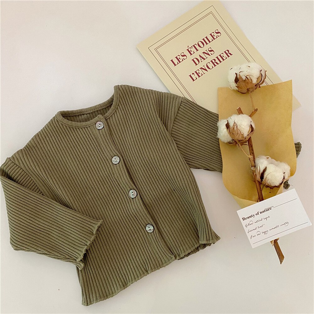 Efterårs strikket cardigan til drenge og piger baby knap sweater baby baby strik frakke: Militærgrøn / 9m