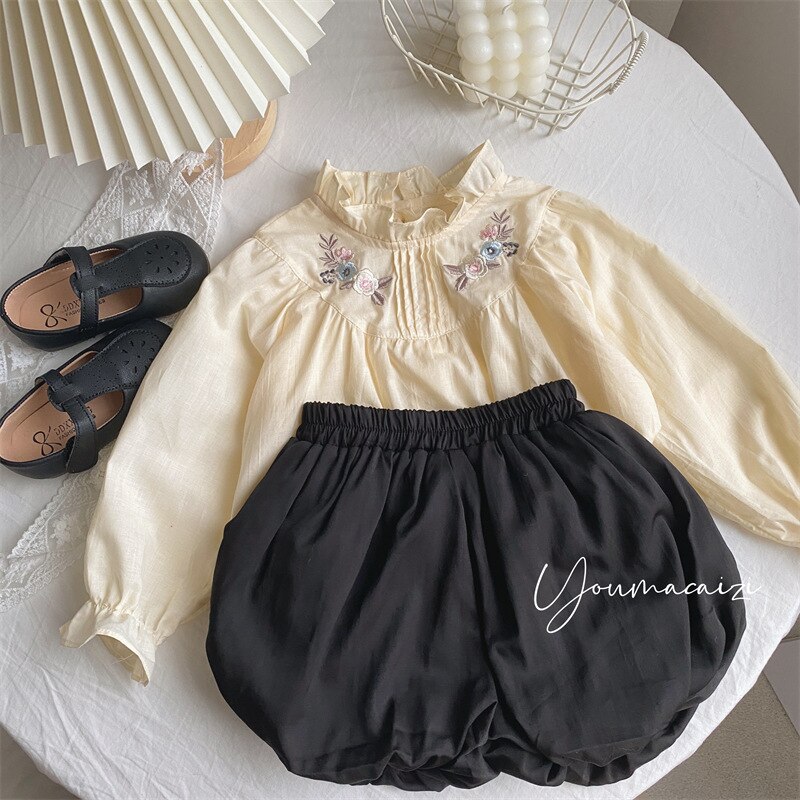2022 Spring New Korean Girls&#39; Embroidered Stand-up Collar Shirt Children&#39;s Lace Sweet Retro Top
