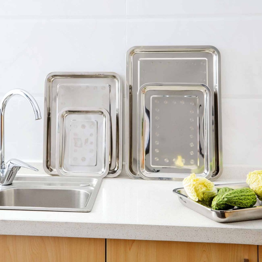 OTHERHOUSE Stainless Steel Serving Plate Dumpling Dish Rectangle Vegetable Fruit Tray Baking Cooking Restaurant Plates Tableware